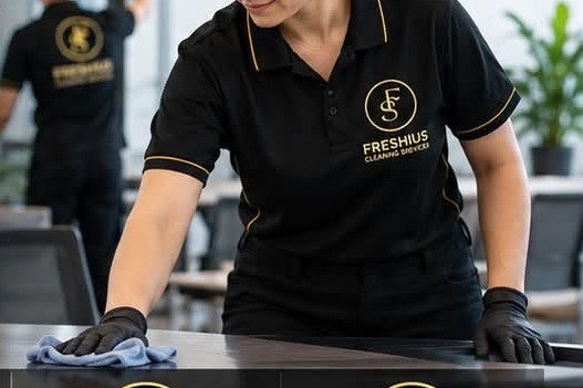 A Freshius cleaner in gloves wiping down an office desk