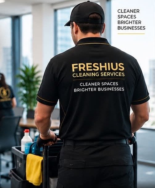 A Freshius Cleaning Services team member with a cleaning trolley in a client office